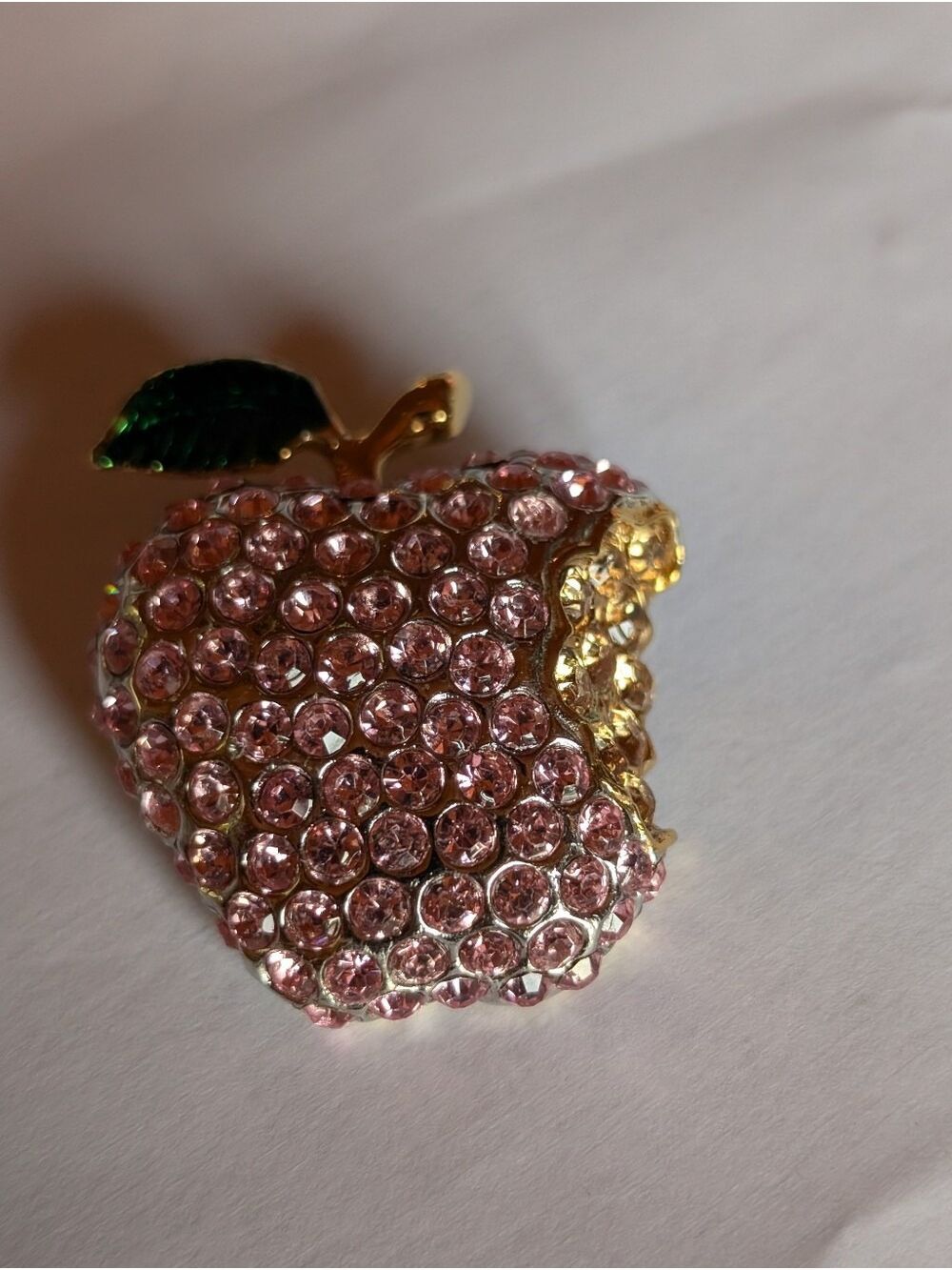 Vtg Signed Jackie Orr Rhinestone Bitten Apple Brooch Pin Pink Gold Tone Whimsica